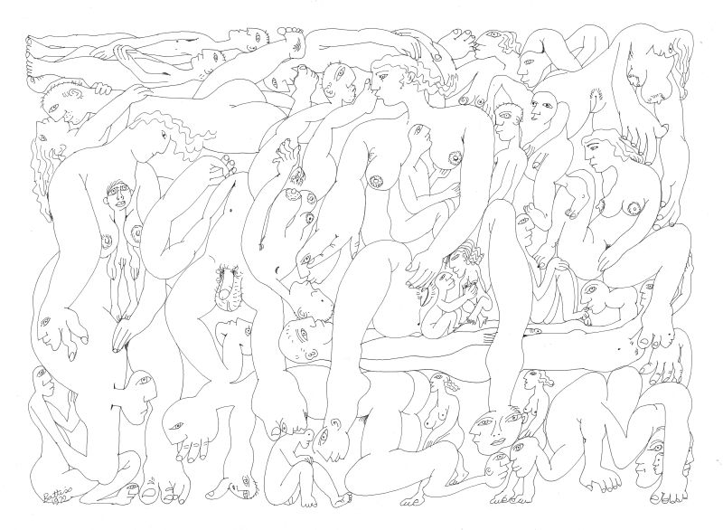 Click the image for a view of: Pen and ink drawing by Walter Battiss for IZWI No. 8. 1972. 260X370mm